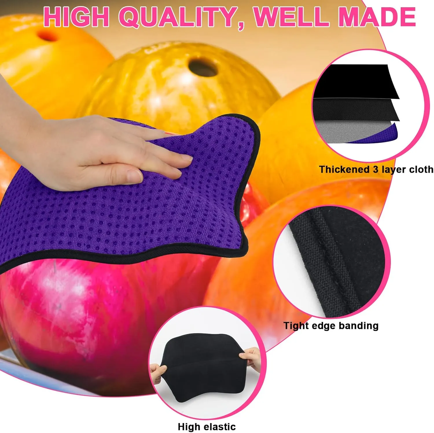 3 Pack Bowling Ball Towels, 10" x 8" Microfiber Bowling Shammy Accessories with Easy-Grip Dots Non-Slip (Blue Purple Pink)