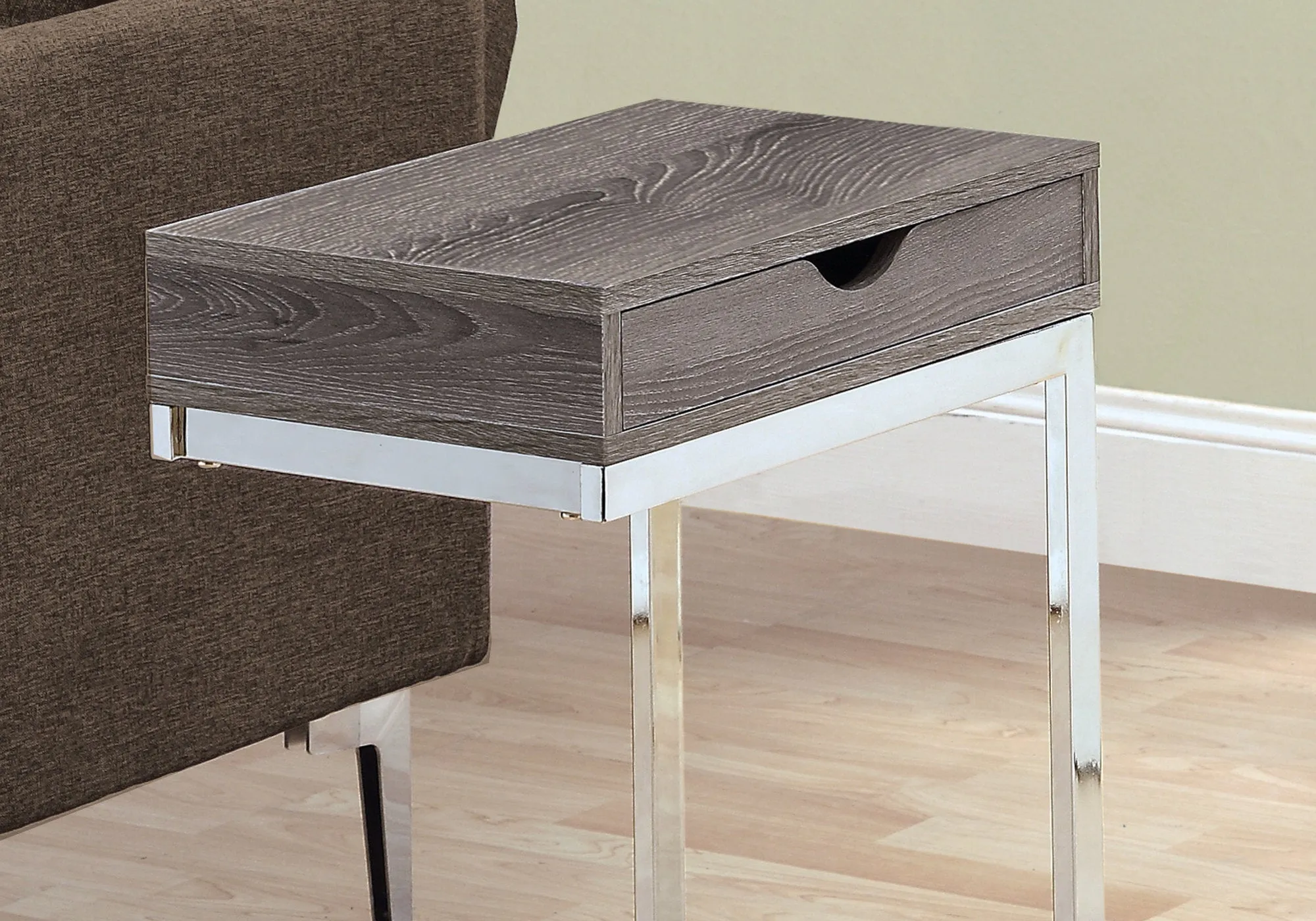 Accent Table - Chrome Metal / Dark Taupe With A Drawer
