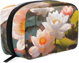 ALAZA Makeup Bag Cosmetic Bags for Women Small Zipper Pouch Travel White Lotus Pond Cosmetic Organizer Case Portable For Purse