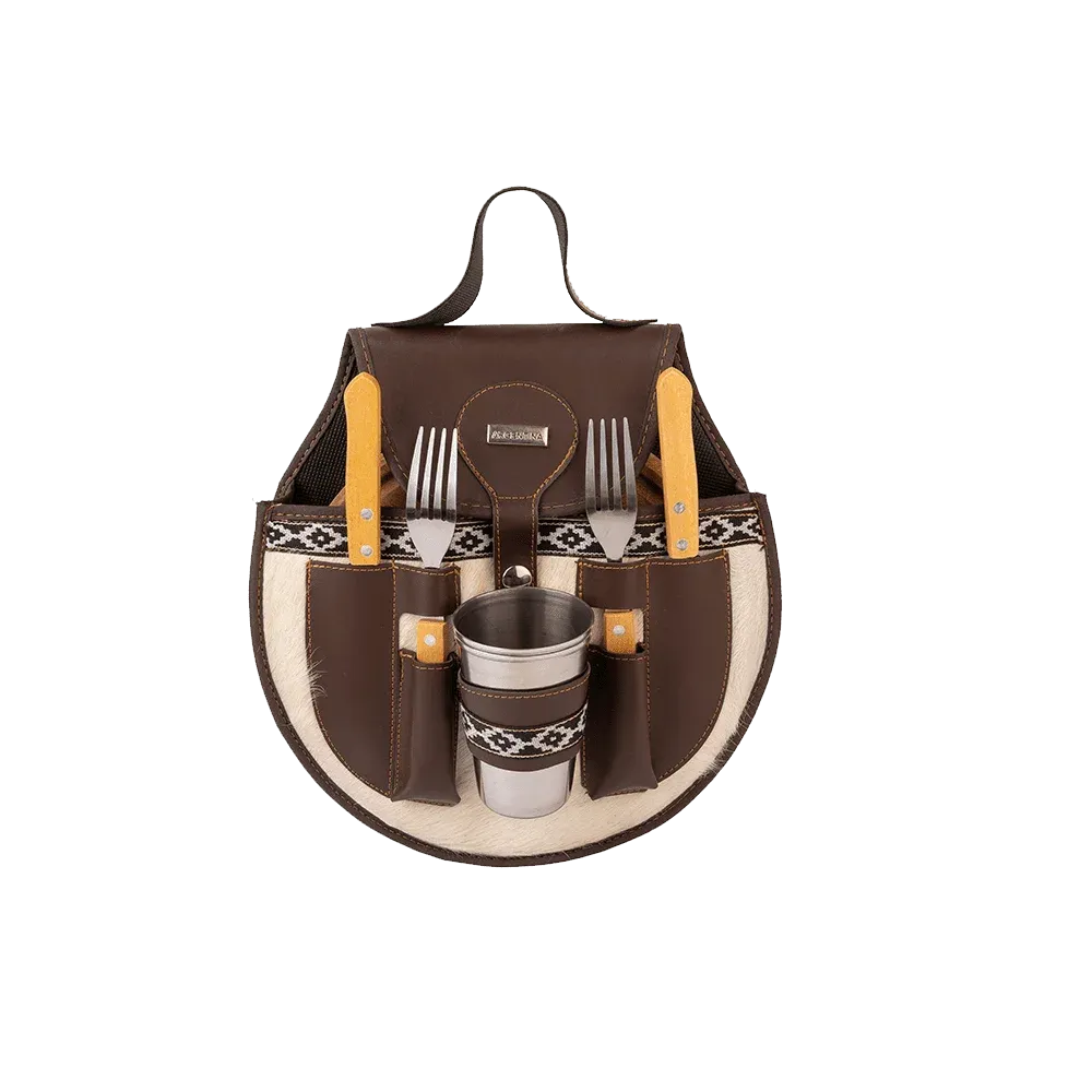 BBQ Set Round Double Case - White Natural Leather with Fur