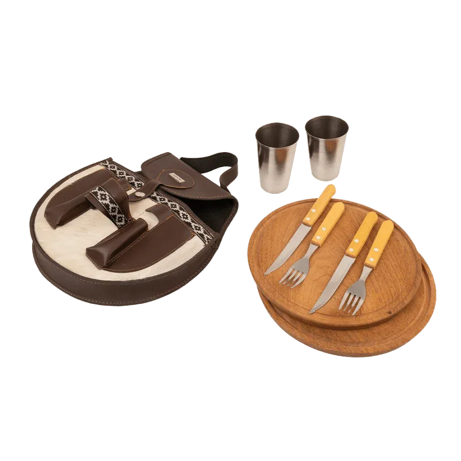 BBQ Set Round Double Case - White Natural Leather with Fur