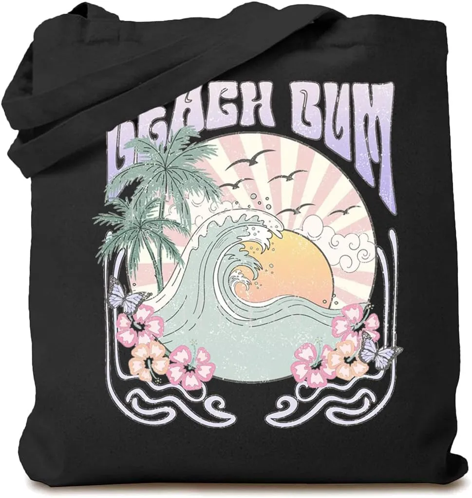 Beach Trip Canvas Tote Bag for Women Aesthetic Coconut Tree Reusable Bag for Summer Vacation Grocery Bags