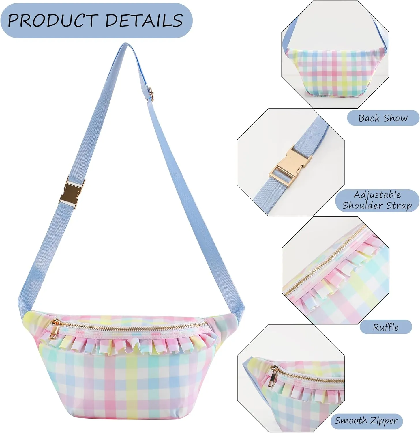 Belt Bag for Women Gingham Ruffle Crossbody Fanny Pack with Adjustable Strap,Small Fashion Waist Pack Bag Bum bag for Traveling Hiking Cycling Running Casual (Rainbow Plaid)