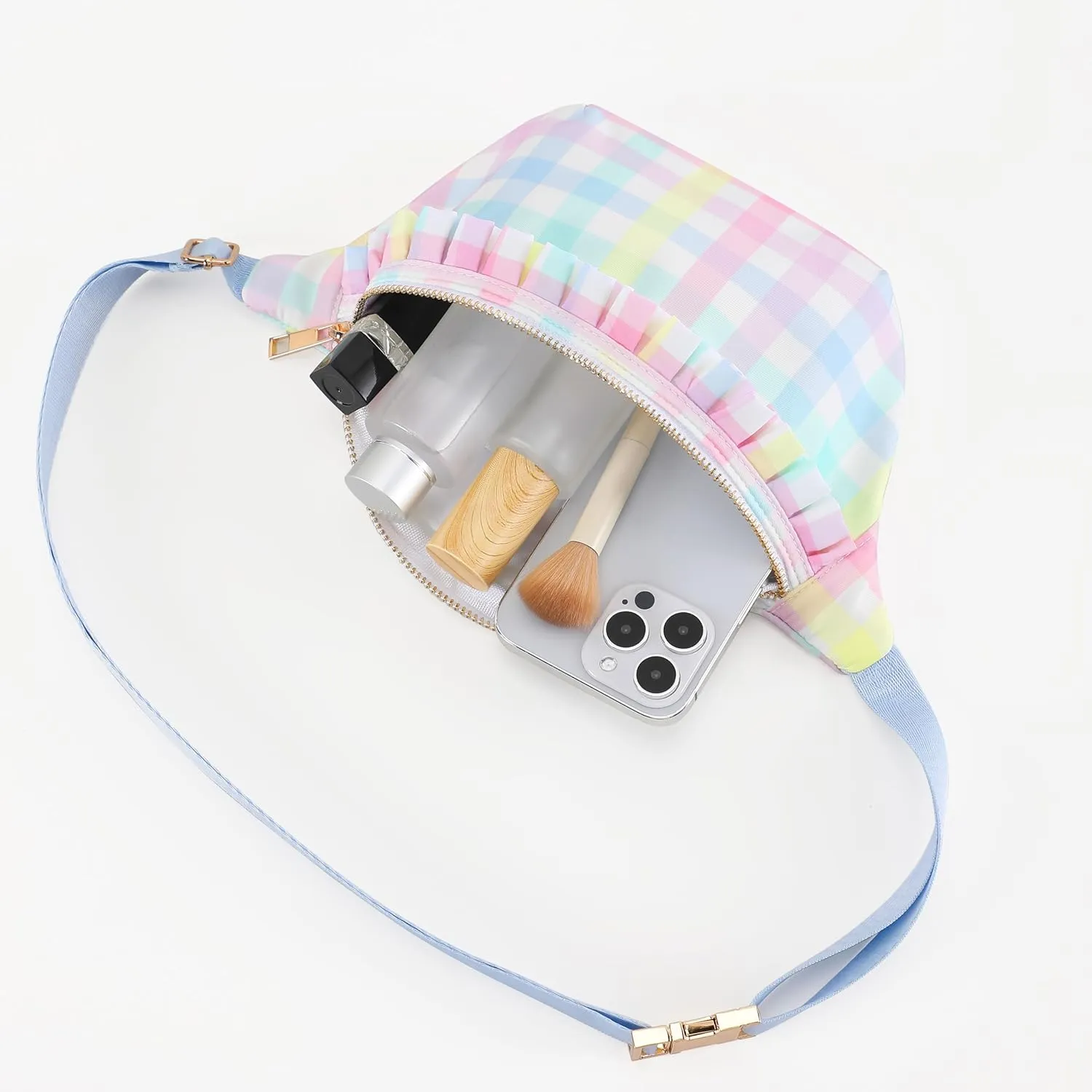 Belt Bag for Women Gingham Ruffle Crossbody Fanny Pack with Adjustable Strap,Small Fashion Waist Pack Bag Bum bag for Traveling Hiking Cycling Running Casual (Rainbow Plaid)