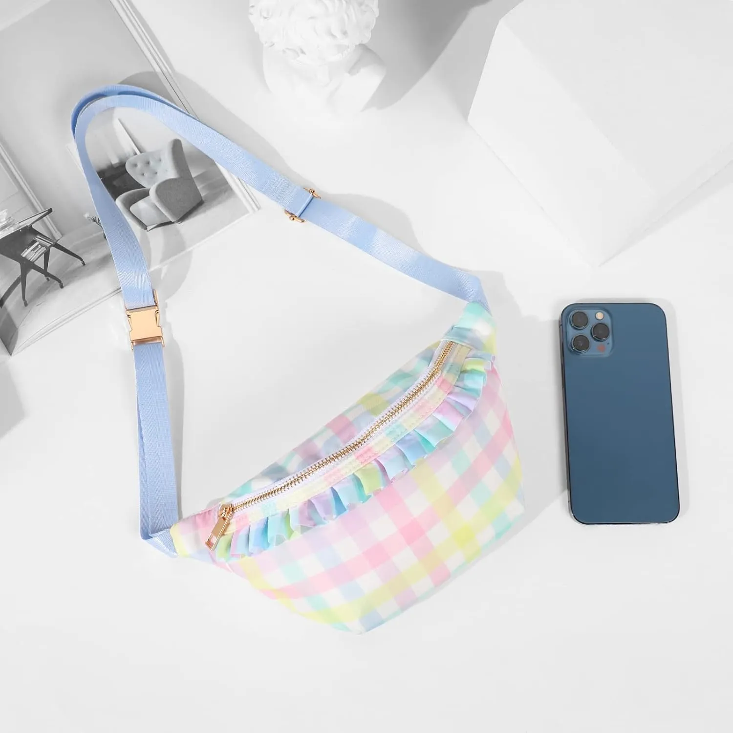 Belt Bag for Women Gingham Ruffle Crossbody Fanny Pack with Adjustable Strap,Small Fashion Waist Pack Bag Bum bag for Traveling Hiking Cycling Running Casual (Rainbow Plaid)