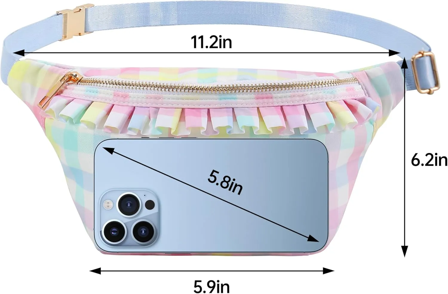 Belt Bag for Women Gingham Ruffle Crossbody Fanny Pack with Adjustable Strap,Small Fashion Waist Pack Bag Bum bag for Traveling Hiking Cycling Running Casual (Rainbow Plaid)