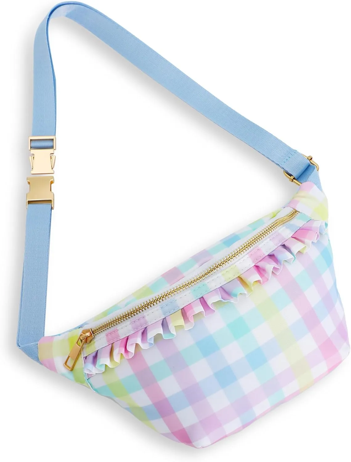 Belt Bag for Women Gingham Ruffle Crossbody Fanny Pack with Adjustable Strap,Small Fashion Waist Pack Bag Bum bag for Traveling Hiking Cycling Running Casual (Rainbow Plaid)