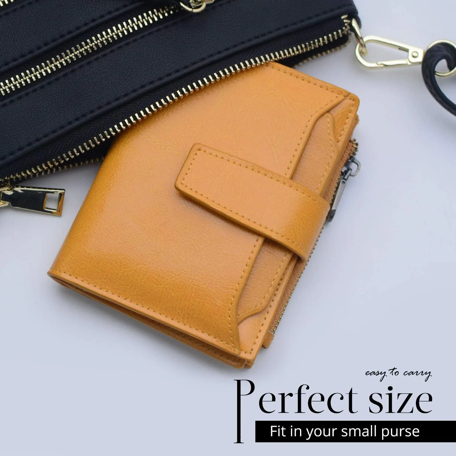 Bveyzi Women's Small Leather RFID Blocking Bifold Zipper Pocket Wallet Ladies Credit Card Slots Purse with id Window