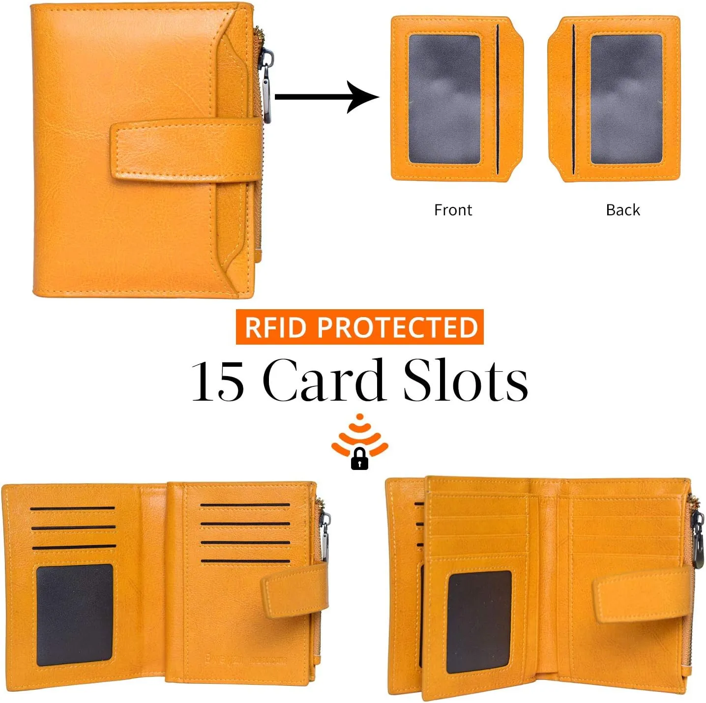 Bveyzi Women's Small Leather RFID Blocking Bifold Zipper Pocket Wallet Ladies Credit Card Slots Purse with id Window