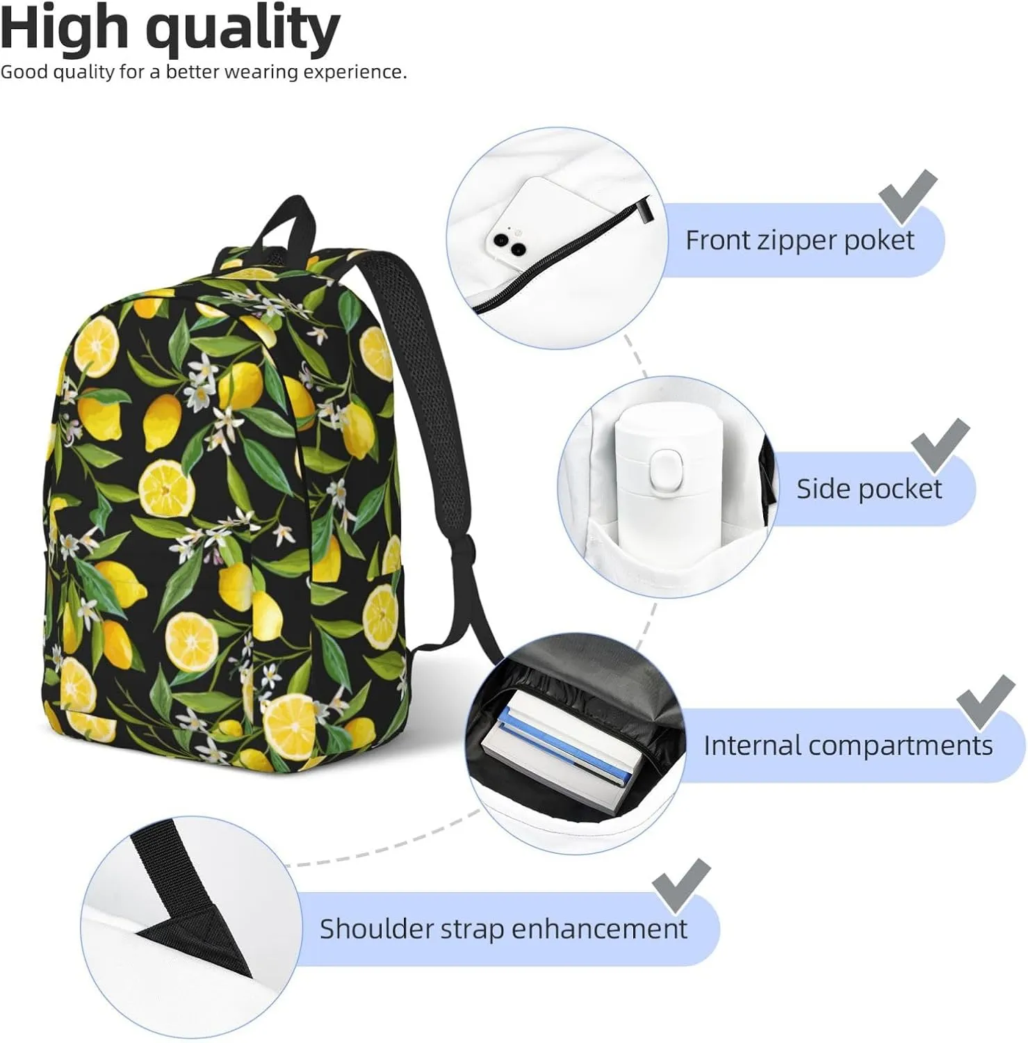 Cool Lemon Fruit Flower Backpack for Girls Boys Women Lightweight Canvas Bookbag Casual Daypack for Travel Outdoor Camping, 17 Inch