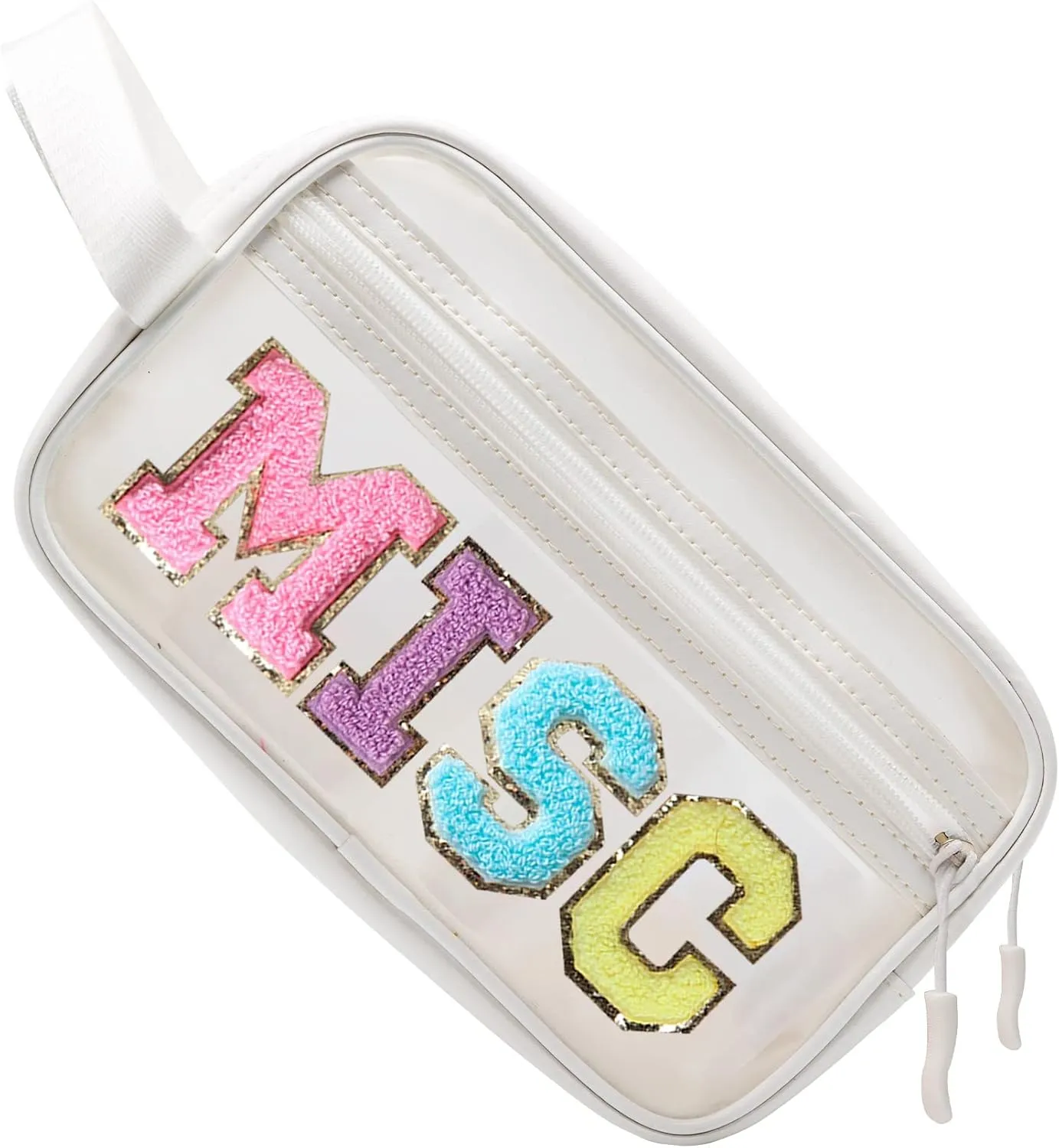 COSHAYSOO Clear MISC Makeup Bag Miscellaneous Stuff Organizer, Small Preppy Chenille Letter Patch Cosmetic Zipper Pouch, Toiletry Make Up Travel Purse Gifts for Teen Girls Women Daughter Sister