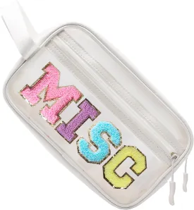 COSHAYSOO Clear MISC Makeup Bag Miscellaneous Stuff Organizer, Small Preppy Chenille Letter Patch Cosmetic Zipper Pouch, Toiletry Make Up Travel Purse Gifts for Teen Girls Women Daughter Sister
