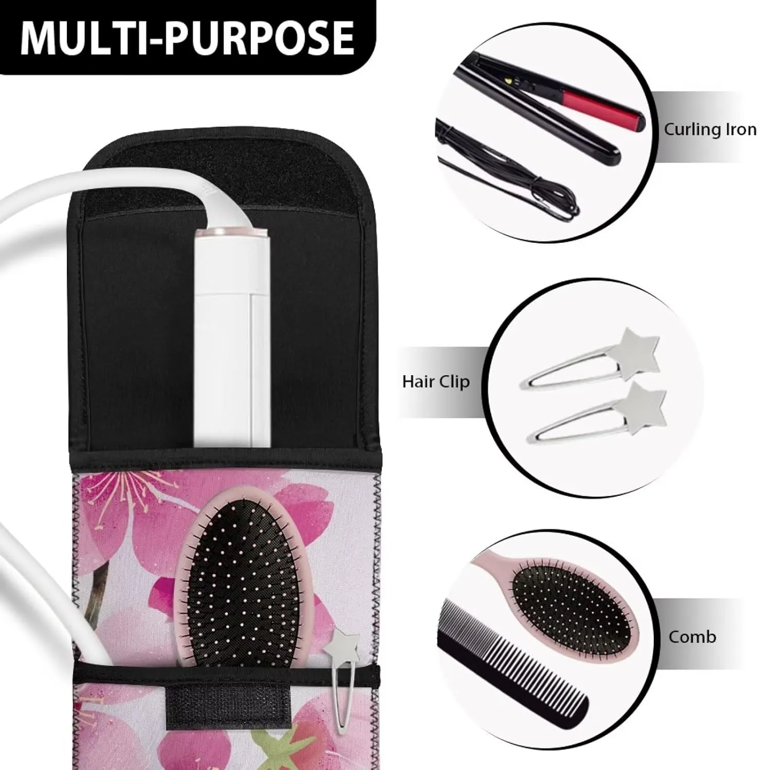 Flashideas Cherry Blossom Flat Iron Holder Curling Iron Organizers and Storage with Pocket Travel Neoprene Storage Pouch Case Bag Neoprene Straightener Holder and Silicone Hot Hair Tools