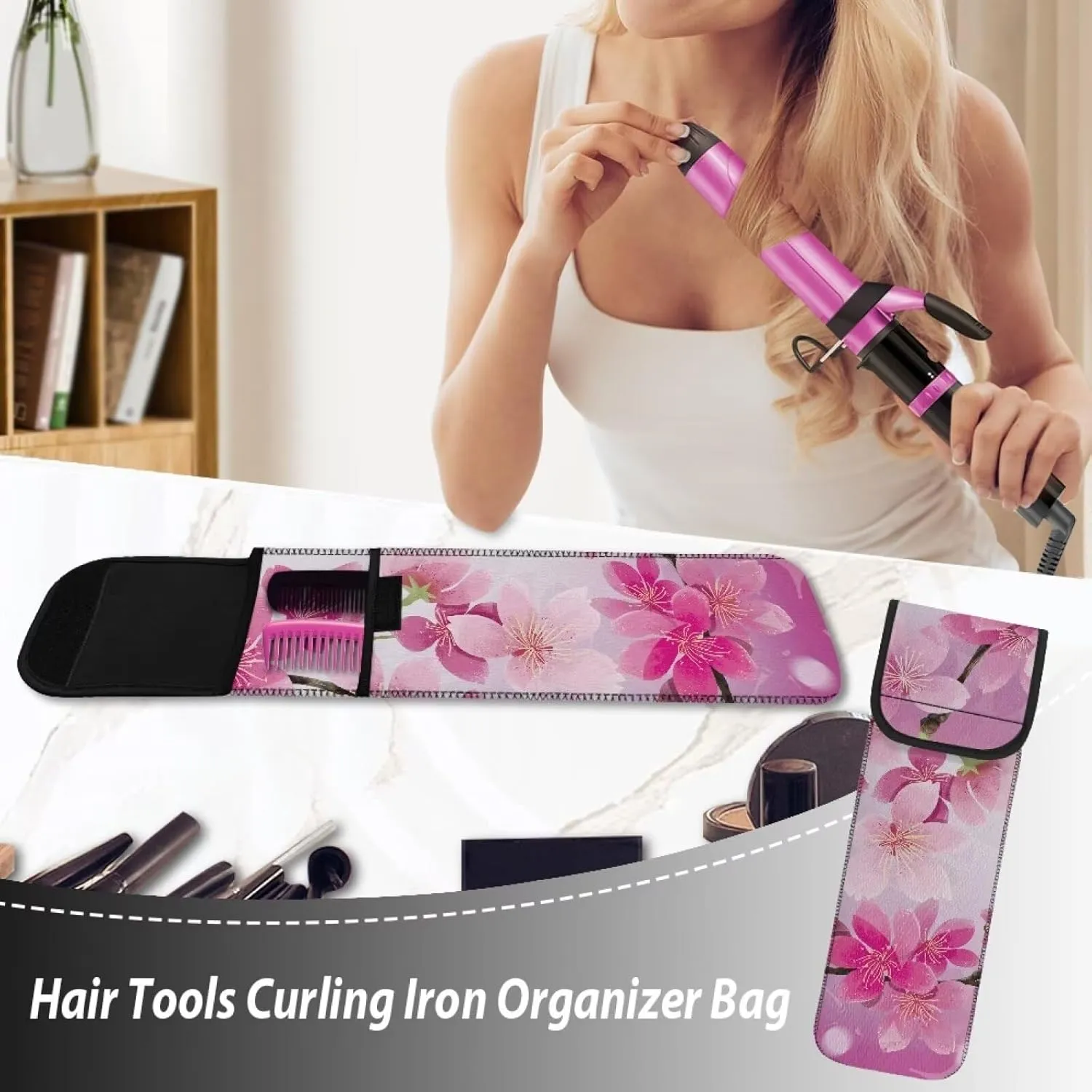 Flashideas Cherry Blossom Flat Iron Holder Curling Iron Organizers and Storage with Pocket Travel Neoprene Storage Pouch Case Bag Neoprene Straightener Holder and Silicone Hot Hair Tools