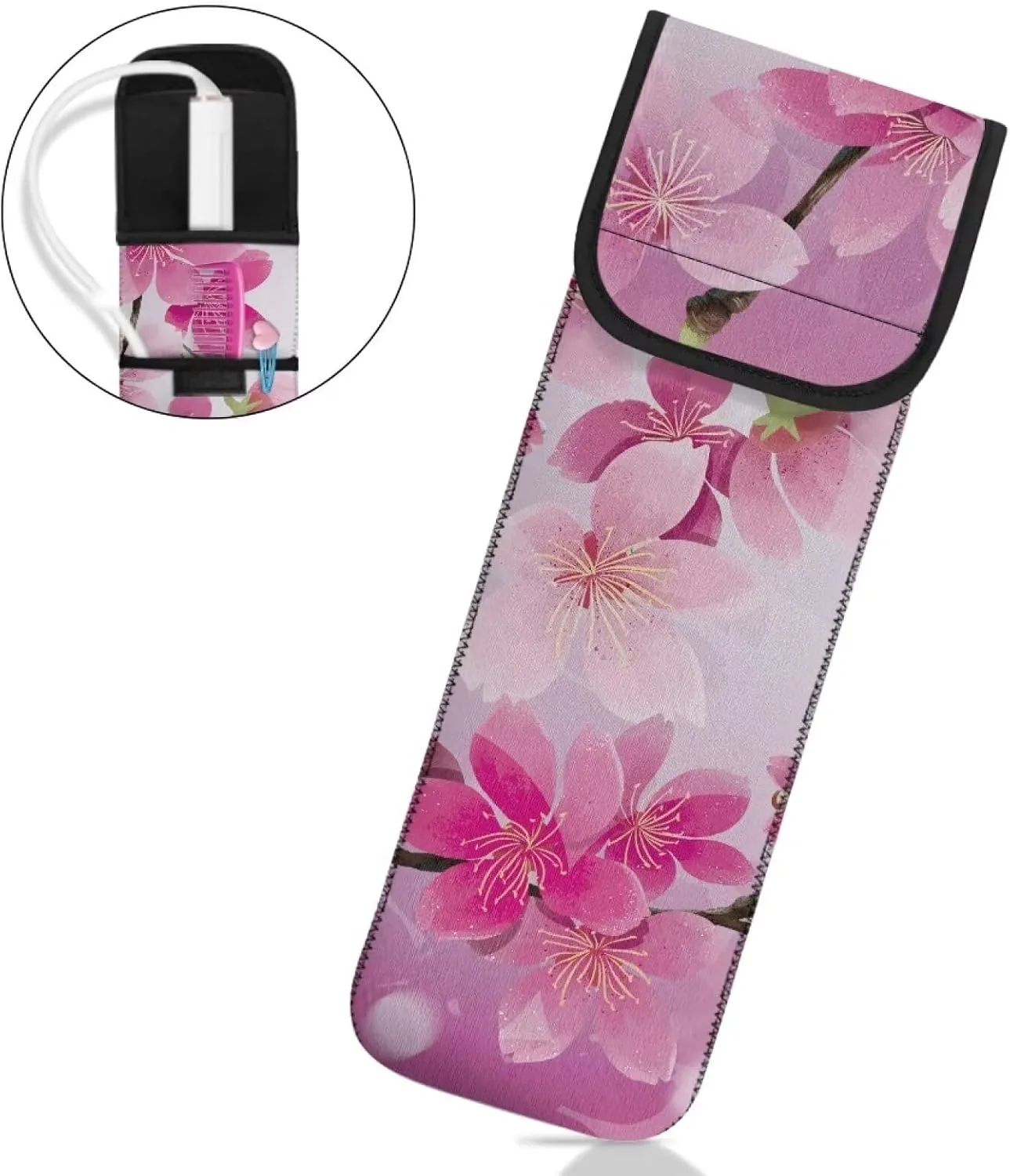 Flashideas Cherry Blossom Flat Iron Holder Curling Iron Organizers and Storage with Pocket Travel Neoprene Storage Pouch Case Bag Neoprene Straightener Holder and Silicone Hot Hair Tools