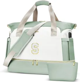 Initials Travel Bag for Women, Personalized Gym Bag with Shoes Compartment, Travel Duffel Bag with USB Charging Port, Weekender Overnight Bag for Women, Travel, Gym, Yoga Beige - A