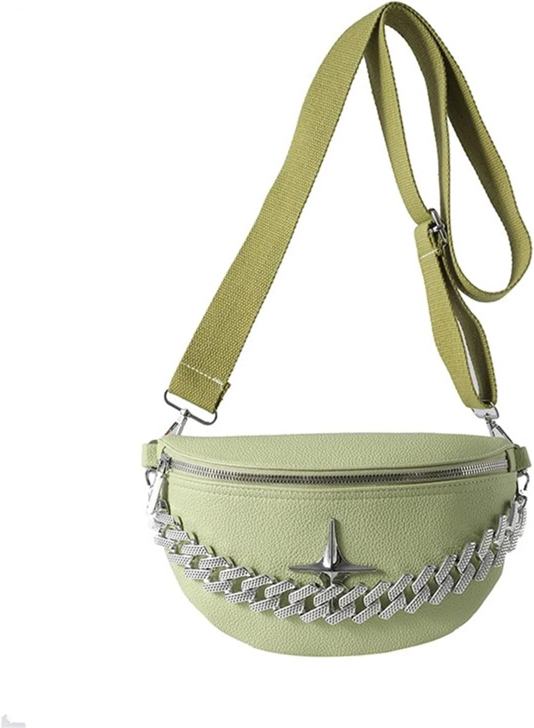 Leather Fanny Pack Bag for Women, Unique Luxurious Crossbody Belt Bag with Detachable Sliver Chain Strap Trendy Shoulder Sling Purse for Party Concert Festival