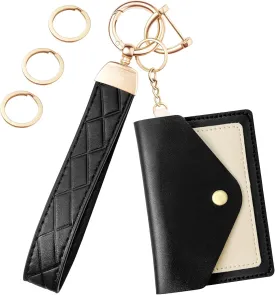 Leather Wristlet Keychain,Wrist Keychain Car Key Chain with 3 Key Rings,D Ring and Slim Wallet