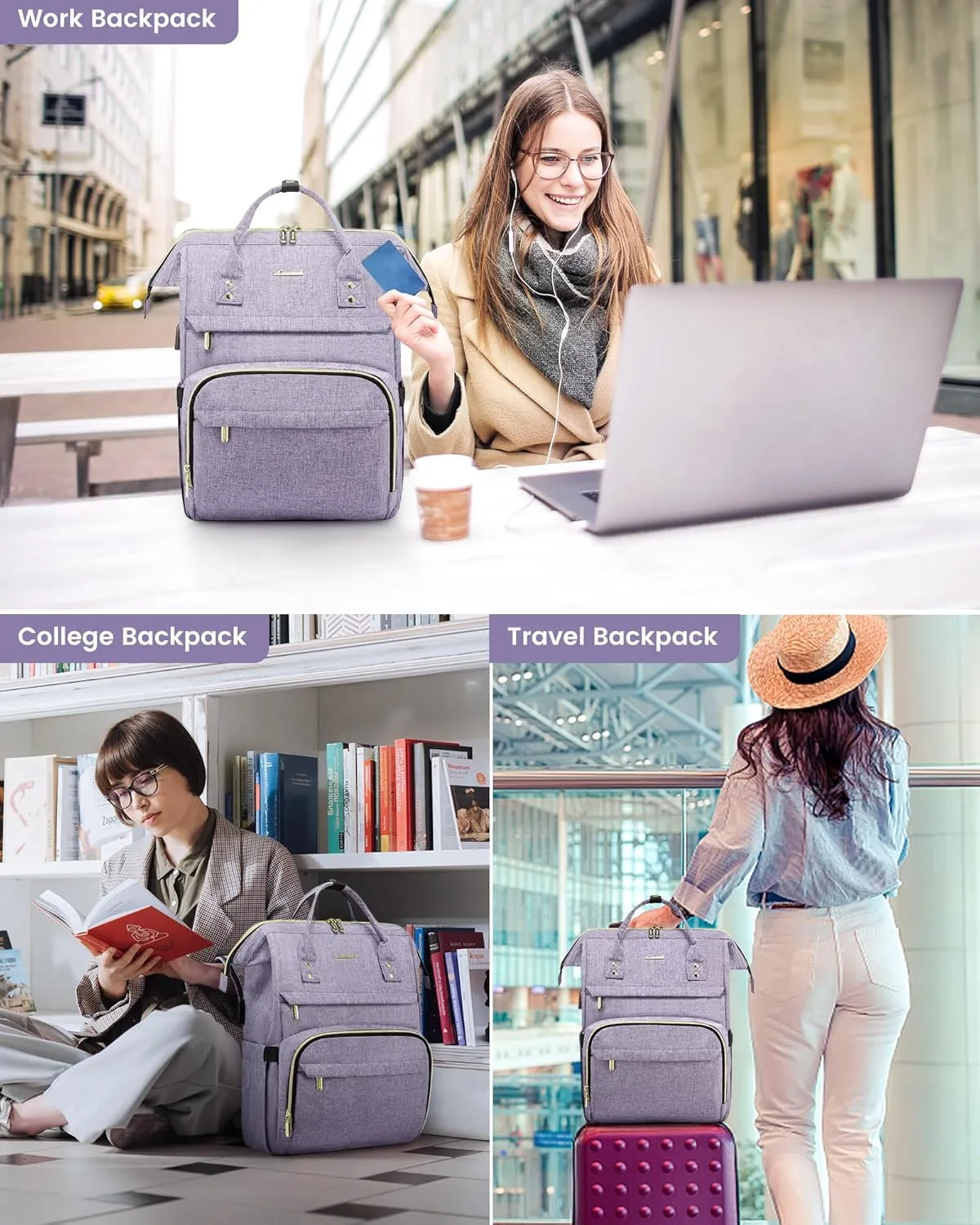 LOVEVOOK College Laptop Backpack, 15.6 Inch Travel Backpack for College, Waterproof Work Backpack Woman for Teacher Nurse Anti-theft Travel Back Pack, Gifts for Women, Purple