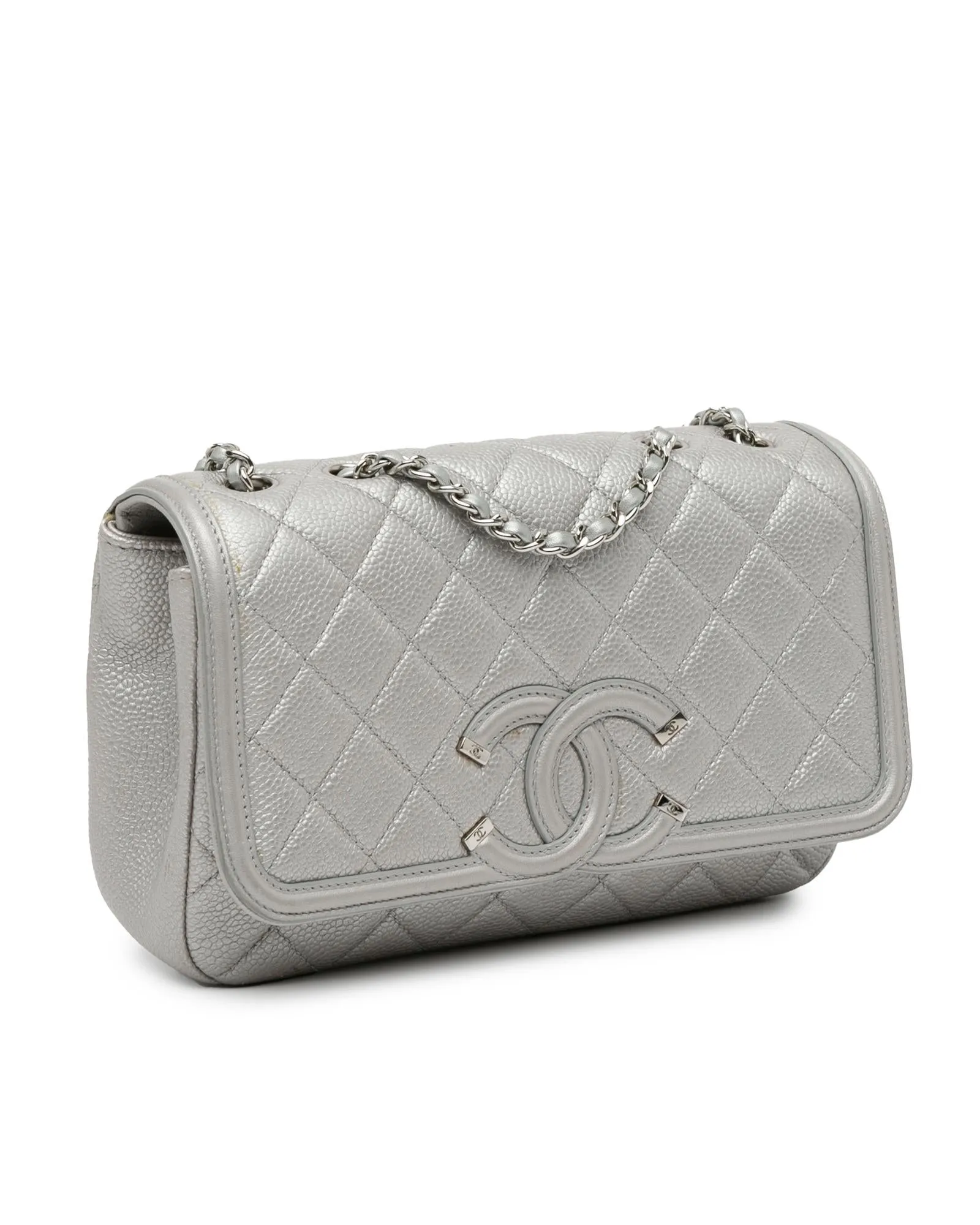 Metallic Caviar Filigree Flap Shoulder Bag