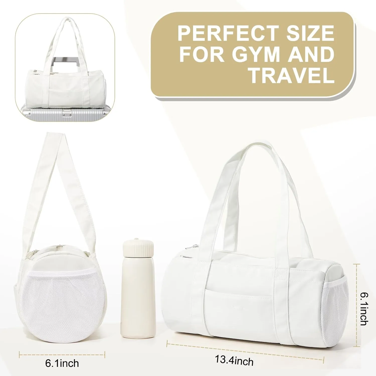 Mini Duffle Bag 13.78 Small Gym Bag, Lightweight Carry On Weekender Overnight Bag for Women Travel, Sport, Easy Daily Outings, 13.78"x6.7"x6.7", Beige