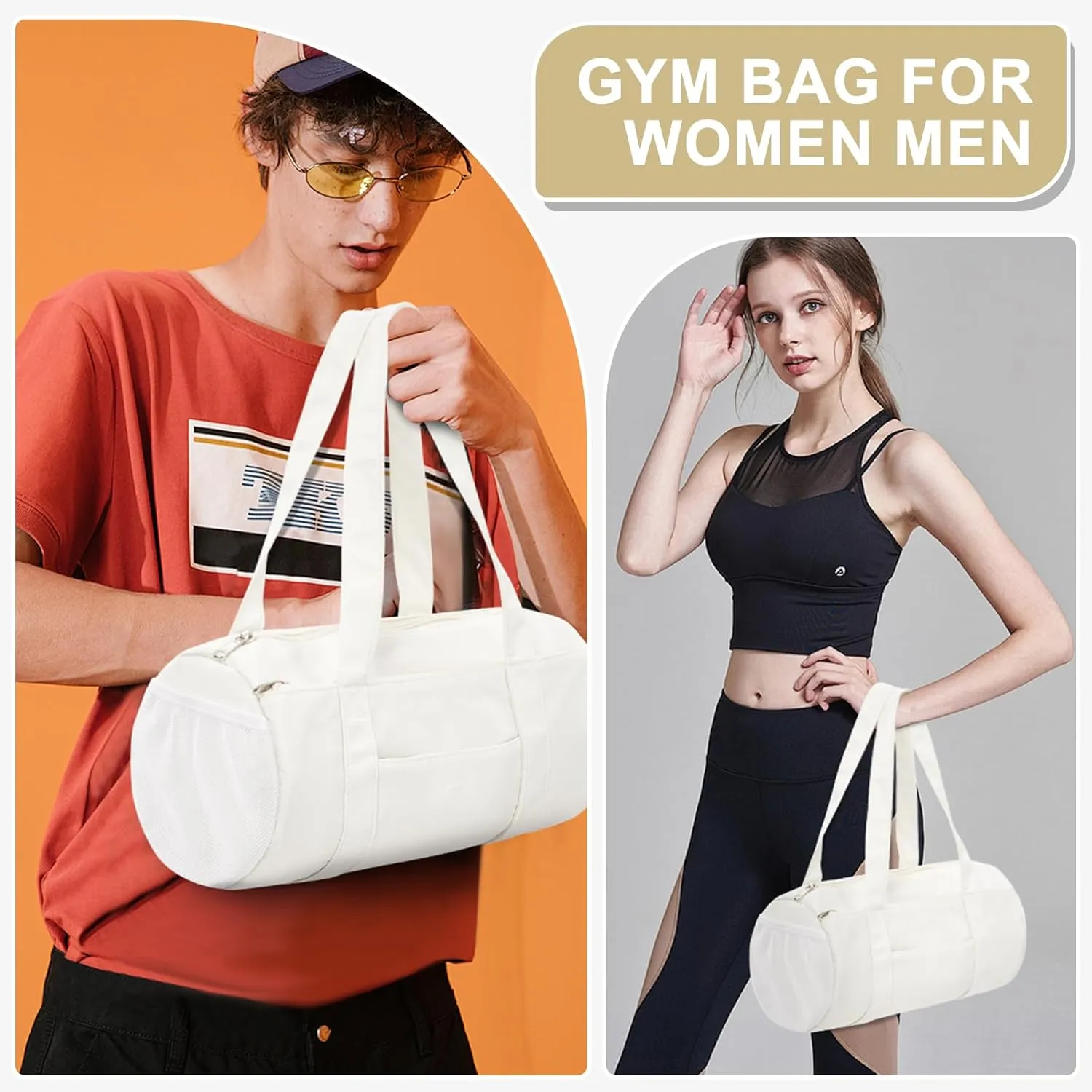 Mini Duffle Bag 13.78 Small Gym Bag, Lightweight Carry On Weekender Overnight Bag for Women Travel, Sport, Easy Daily Outings, 13.78"x6.7"x6.7", Beige