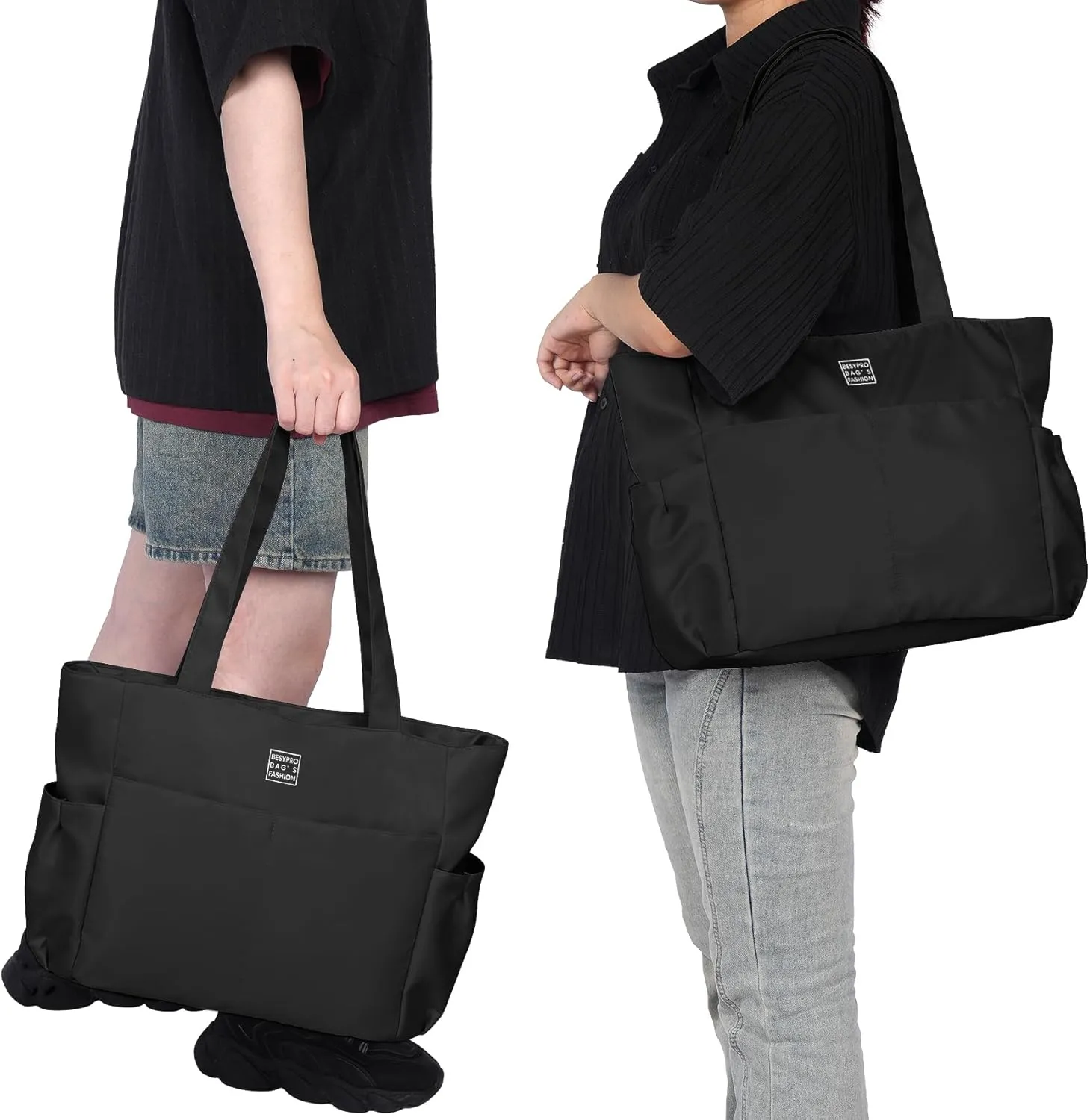 Nylon Tote Bag for Women Multi-pocket Large Shoulder Bag Casual Handbag with Zipper for Wrok Travel College
