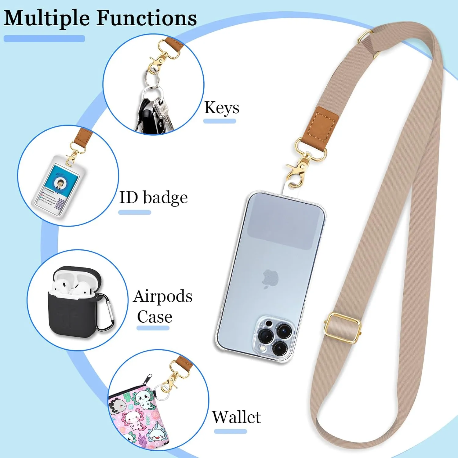Phone Lanyard Crossbody Strap, Beige Cell Phone Lanyards for around the Neck Wristlet Wrist Strap Solid Color Adjustable for Keys Case Accessories Travel Essentials