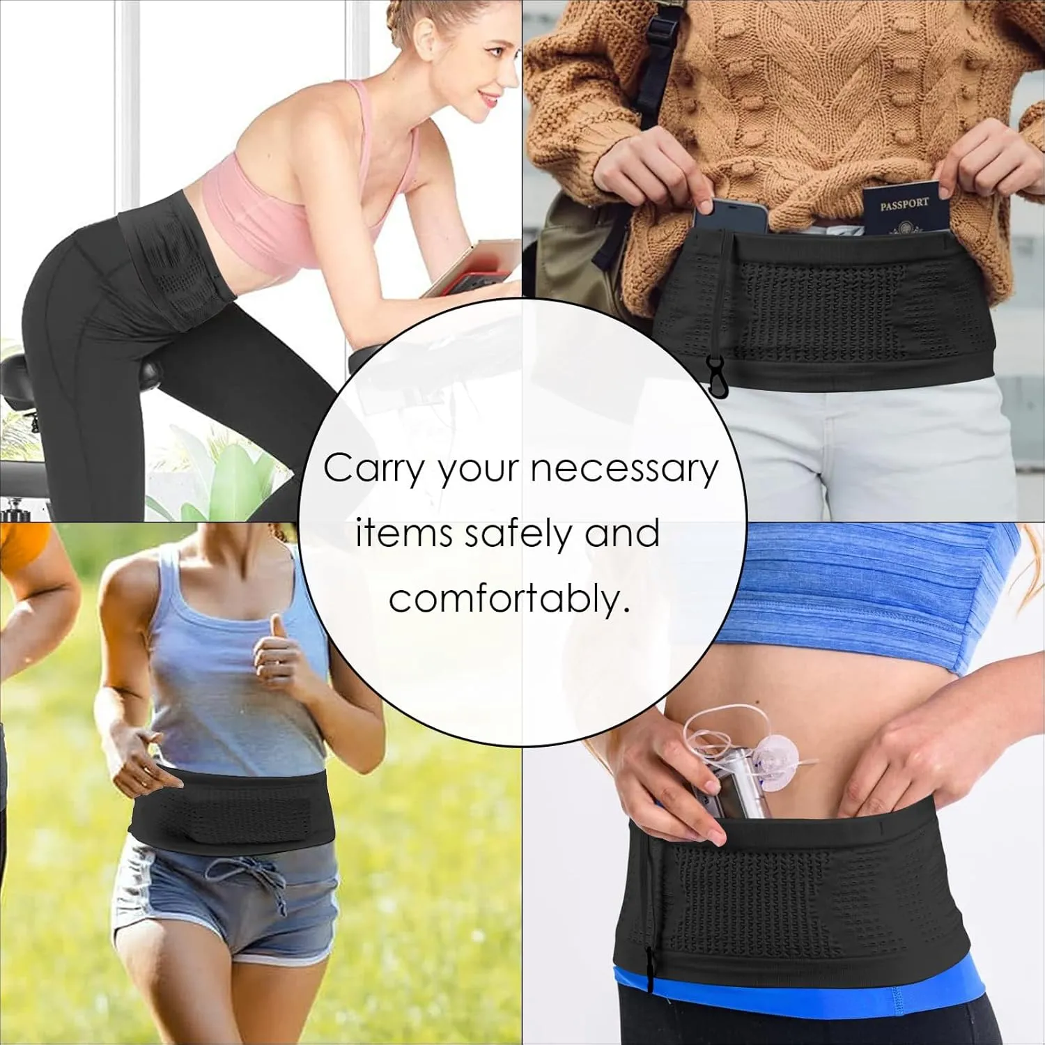 Slim Running Belt, Hidden Running Belt Fanny Pack for Men Women, Travel Running Waist Belt for Money and Passport (Black, Small)