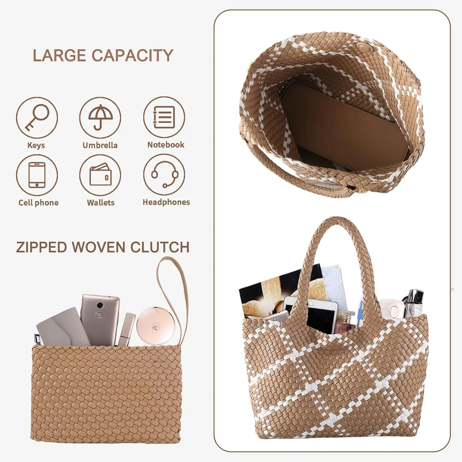 SporGenius Woven Tote Bag for Women, Vegan Leather Beach Bags with Small Purse, Large Travel Top Handle Handbags