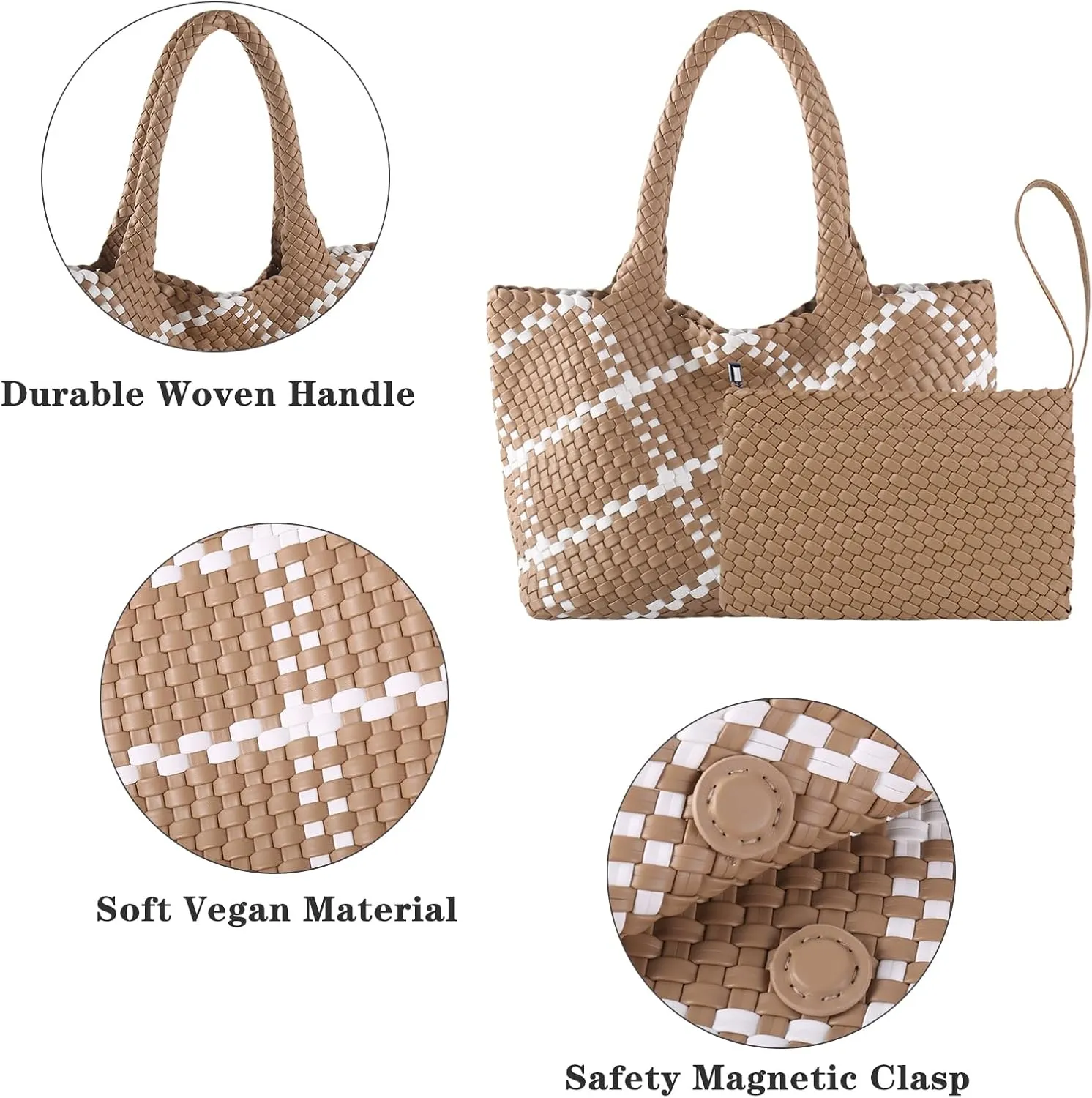 SporGenius Woven Tote Bag for Women, Vegan Leather Beach Bags with Small Purse, Large Travel Top Handle Handbags