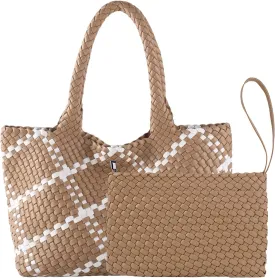 SporGenius Woven Tote Bag for Women, Vegan Leather Beach Bags with Small Purse, Large Travel Top Handle Handbags