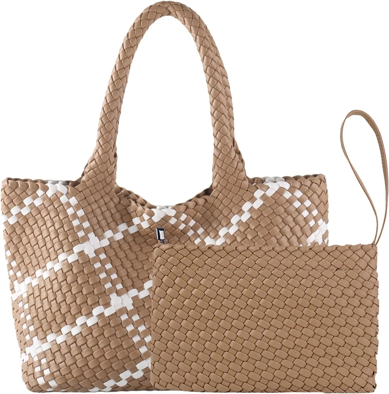 SporGenius Woven Tote Bag for Women, Vegan Leather Beach Bags with Small Purse, Large Travel Top Handle Handbags