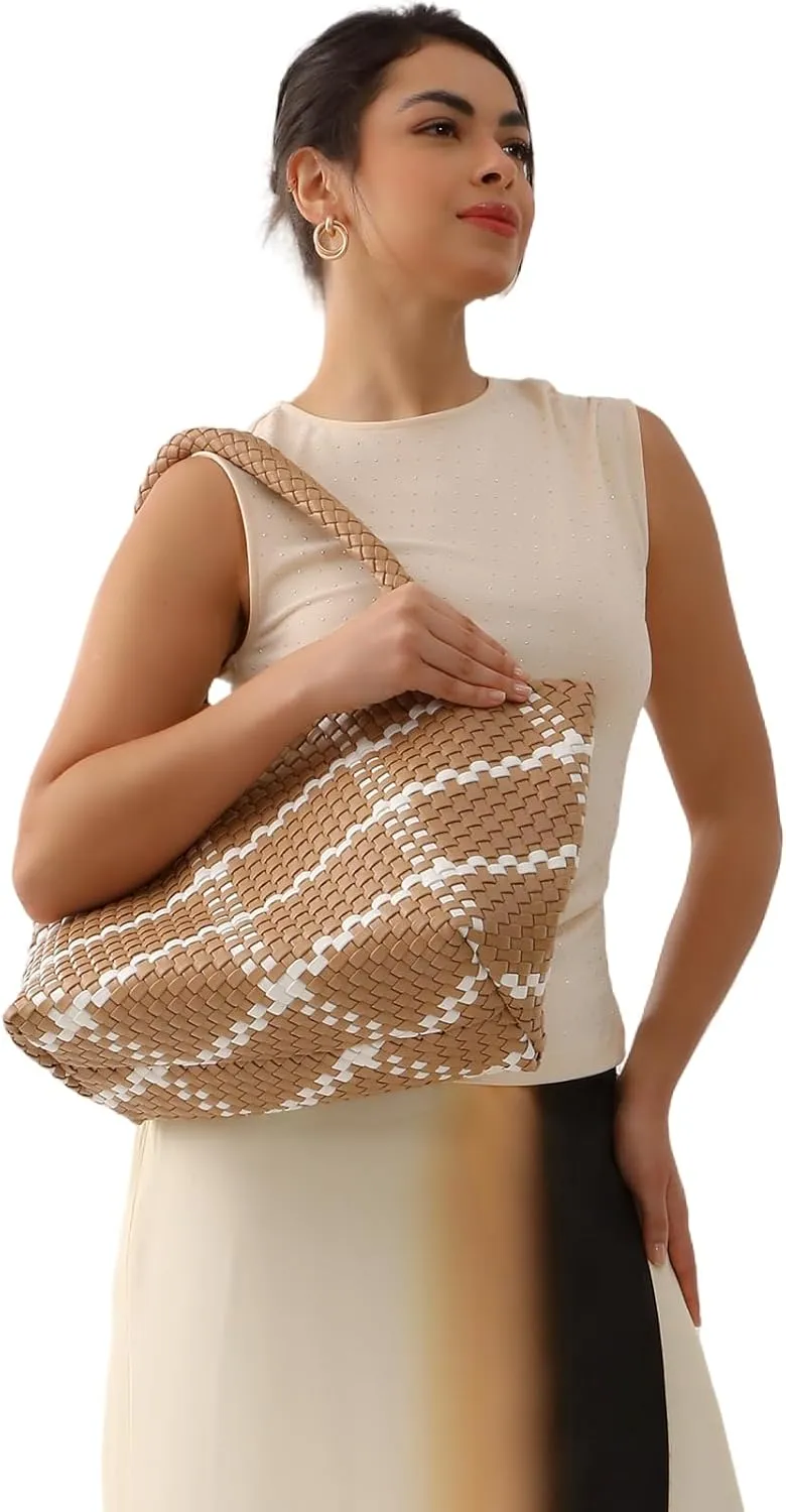 SporGenius Woven Tote Bag for Women, Vegan Leather Beach Bags with Small Purse, Large Travel Top Handle Handbags