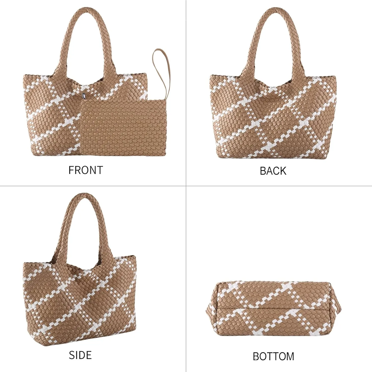 SporGenius Woven Tote Bag for Women, Vegan Leather Beach Bags with Small Purse, Large Travel Top Handle Handbags