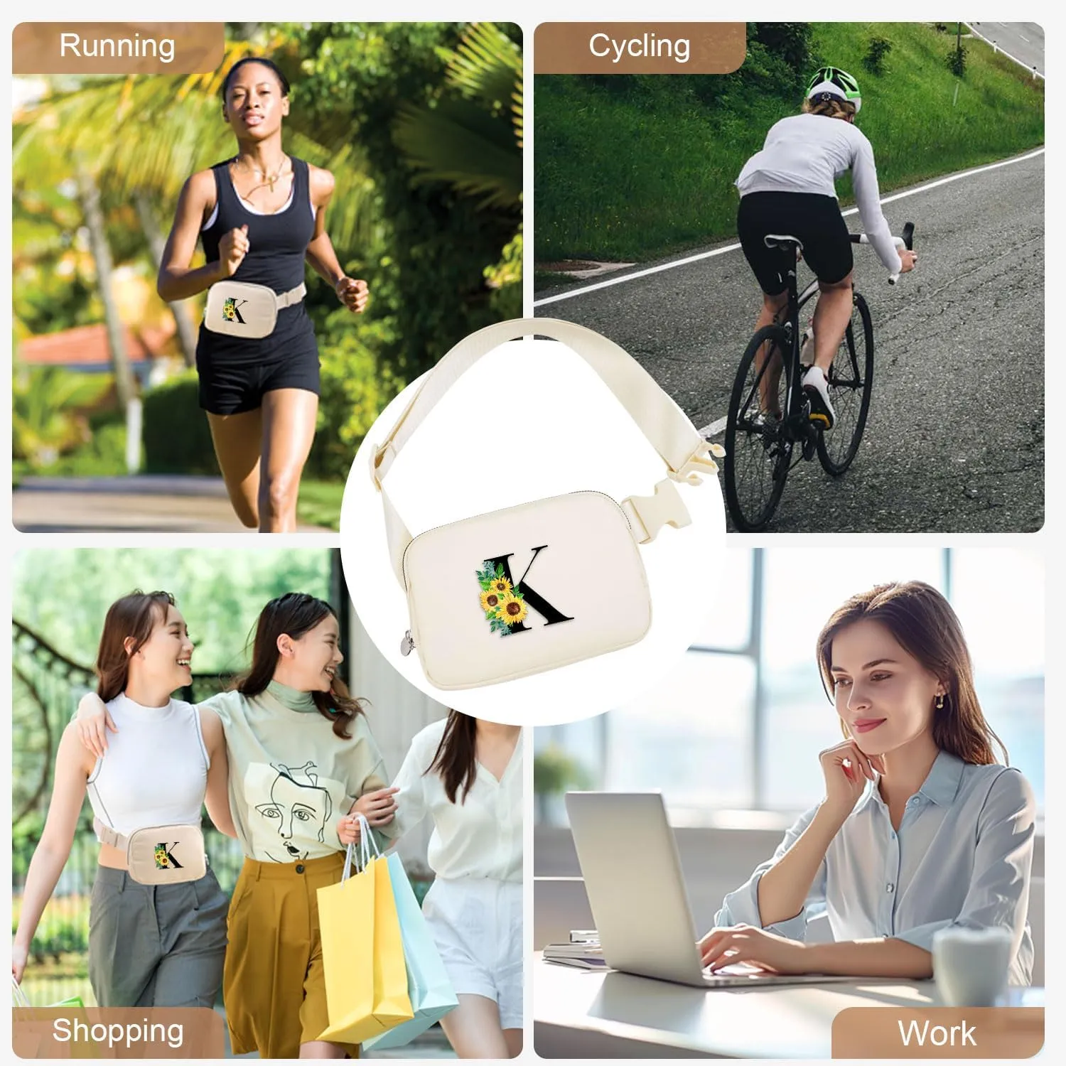 Sunflower Gifts for Women Fanny Pack with Adjustable Strap Initial Letter Mini Belt Bag Workout Running Traveling Hiking Trendy Stuff Crossbody Bags Teenage Christmas Birthday Gift | Cream,K