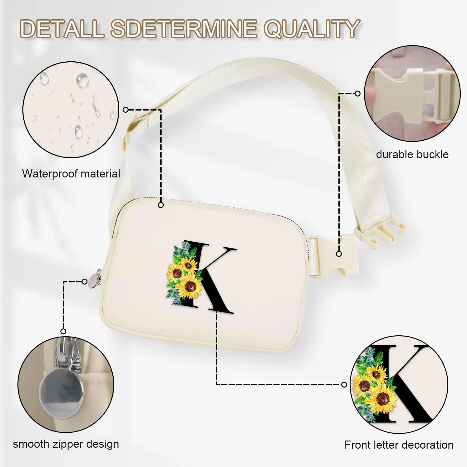 Sunflower Gifts for Women Fanny Pack with Adjustable Strap Initial Letter Mini Belt Bag Workout Running Traveling Hiking Trendy Stuff Crossbody Bags Teenage Christmas Birthday Gift | Cream,K