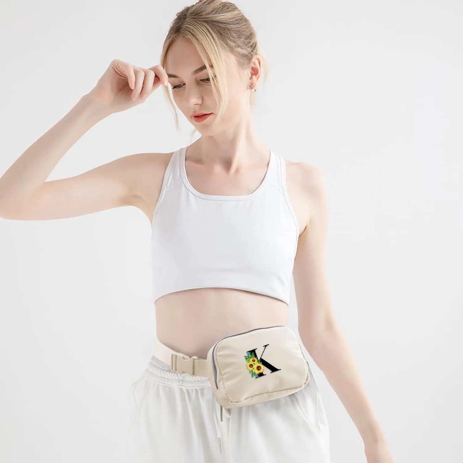 Sunflower Gifts for Women Fanny Pack with Adjustable Strap Initial Letter Mini Belt Bag Workout Running Traveling Hiking Trendy Stuff Crossbody Bags Teenage Christmas Birthday Gift | Cream,K