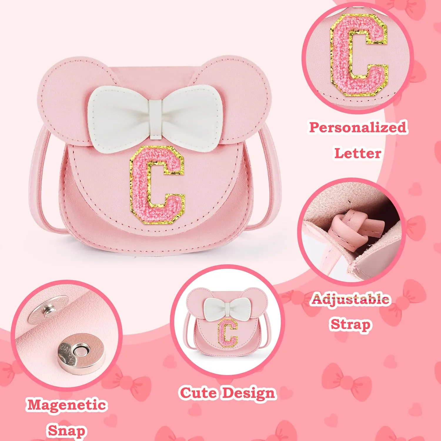 Toddler Purse Gifts for Girl Kids Little Initial Mouse Ears Bow Crossbody Bag Pink Cute Pu Shoulder Handbag