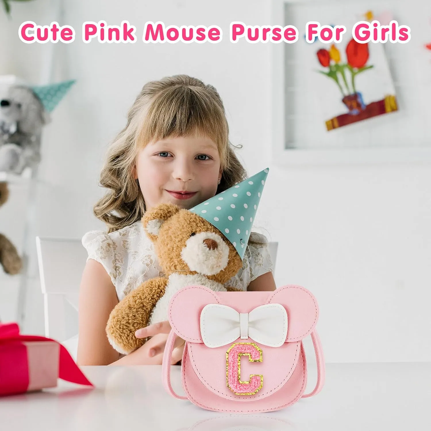 Toddler Purse Gifts for Girl Kids Little Initial Mouse Ears Bow Crossbody Bag Pink Cute Pu Shoulder Handbag