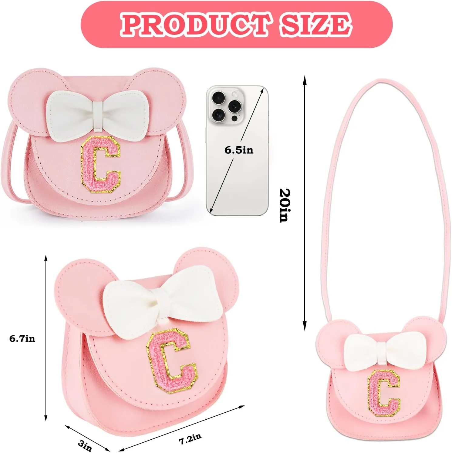 Toddler Purse Gifts for Girl Kids Little Initial Mouse Ears Bow Crossbody Bag Pink Cute Pu Shoulder Handbag