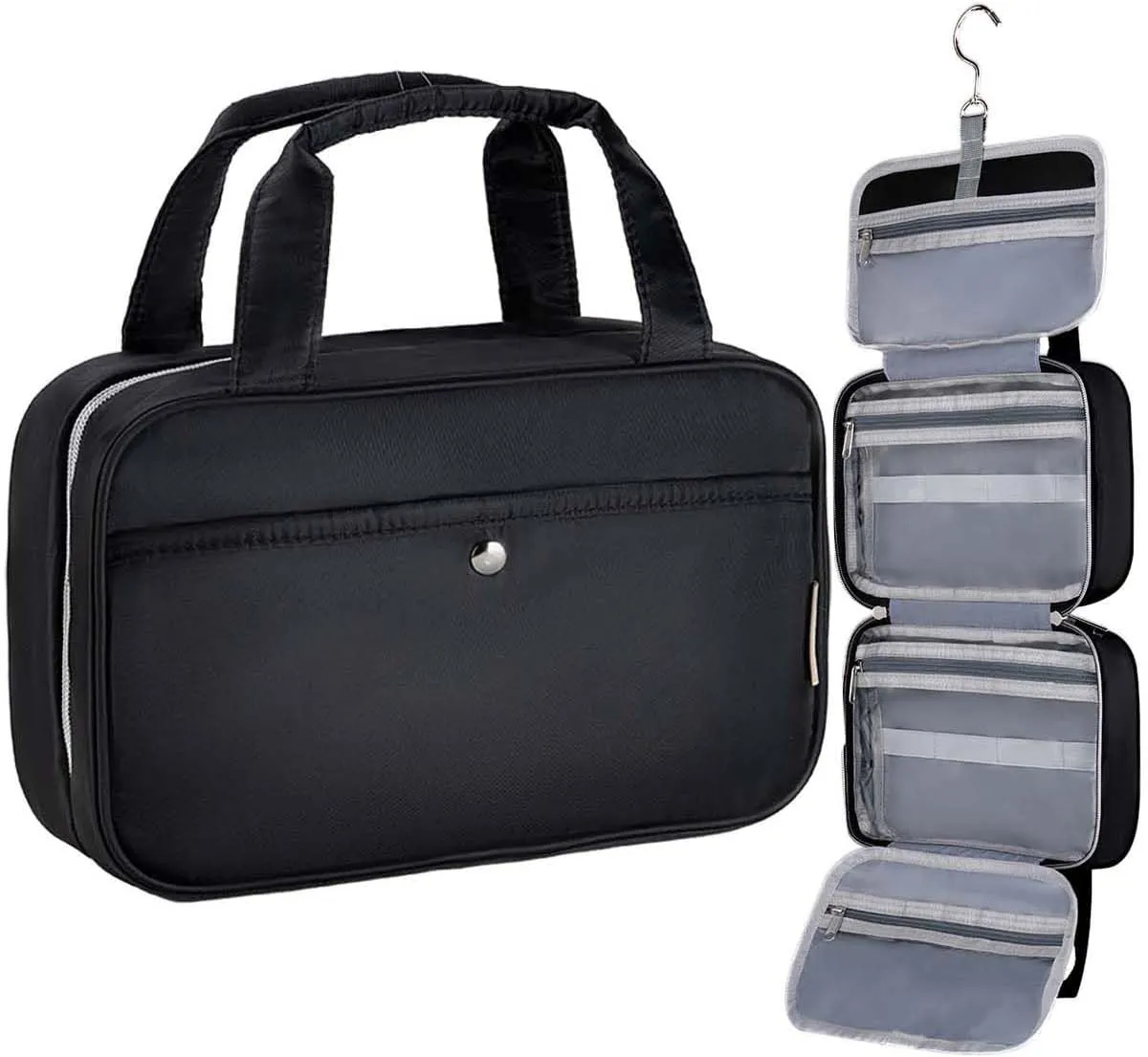 Travel Hanging Toiletry Bag for Women - Waterproof Cosmetic Organizer with Clear Window, Lightweight Bathroom Bags for Essentials, Makeup, Shampoo, Toiletries (Black, Medium)