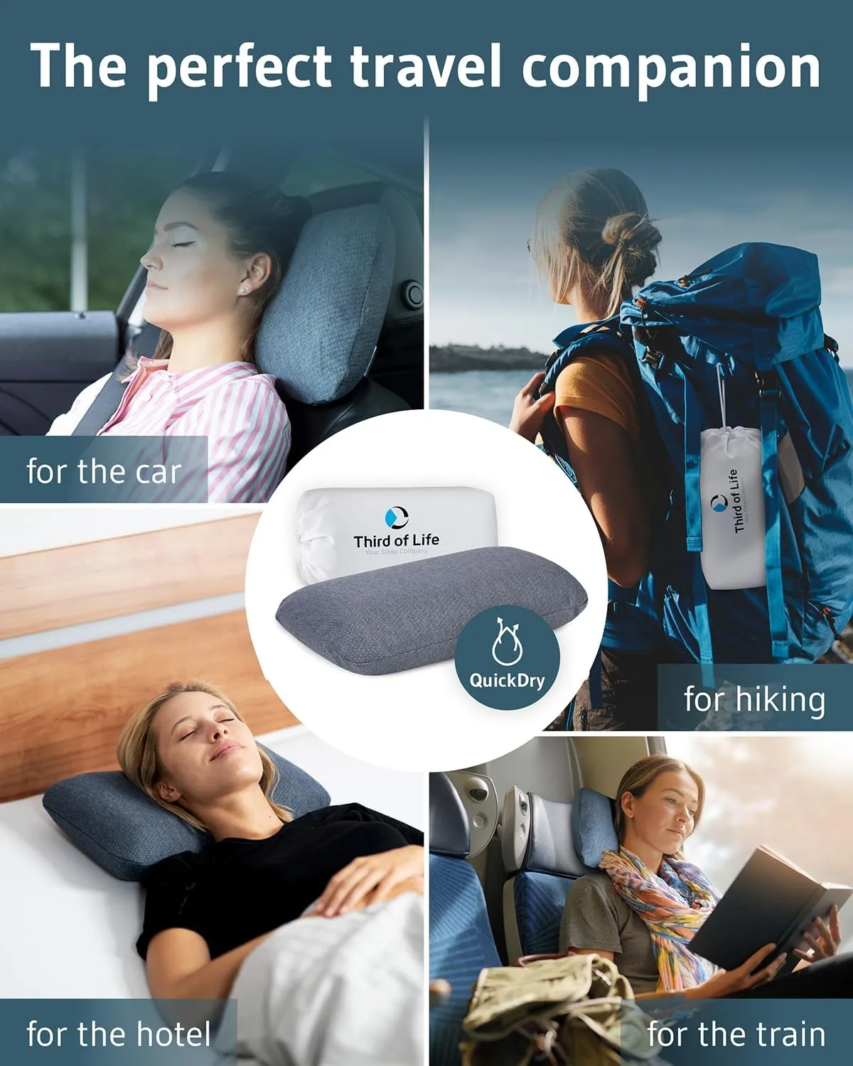 Travel Pillow VOLAR QuickDry | Memory Foam Neck Pillow | Quick Drying & Thermoregulating | Includes travel bag | Ergonomic Pillow For Sleeping on Airplane, Hotel, Camping, Couch - Designed in Germany