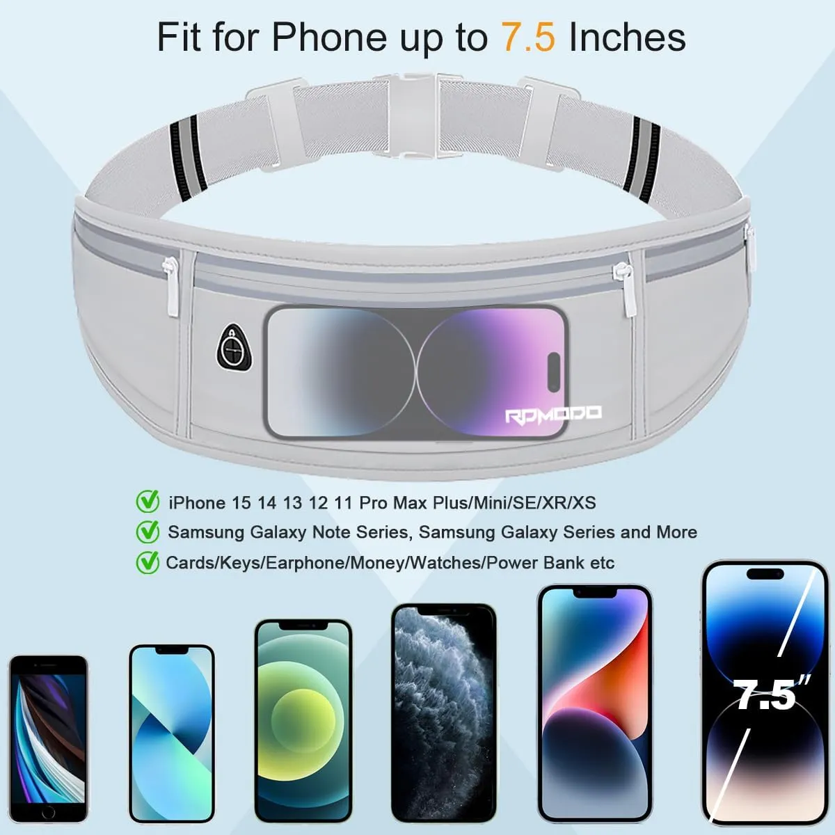 Water Resistant Fanny PackSlim Running Belt for Women MenWaist Bag Running Phone Holder with 3 Zipper Pockets for iPhone 16 15 14 13 SamsungReflective Running Pouch for Walking Cycling Grey