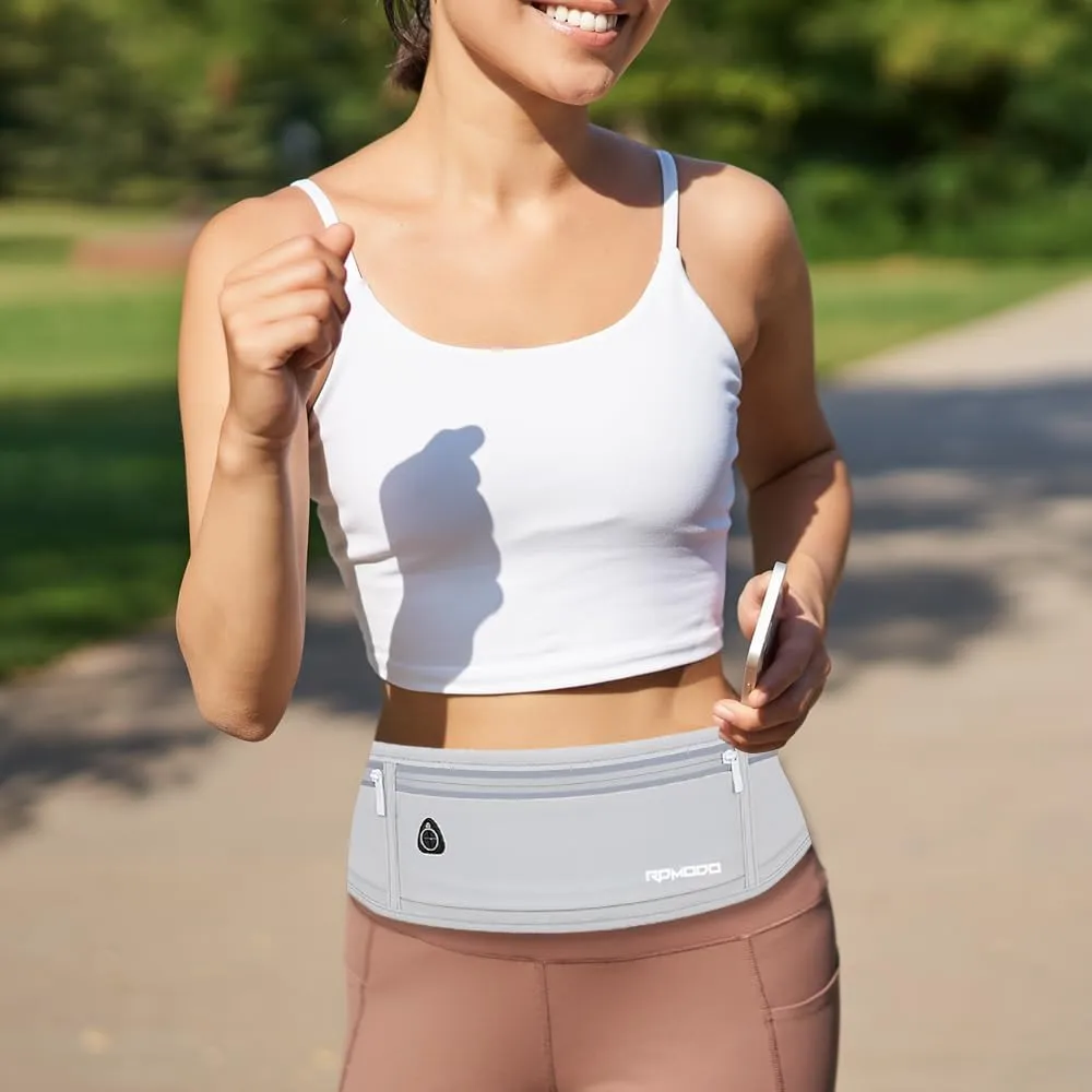 Water Resistant Fanny PackSlim Running Belt for Women MenWaist Bag Running Phone Holder with 3 Zipper Pockets for iPhone 16 15 14 13 SamsungReflective Running Pouch for Walking Cycling Grey