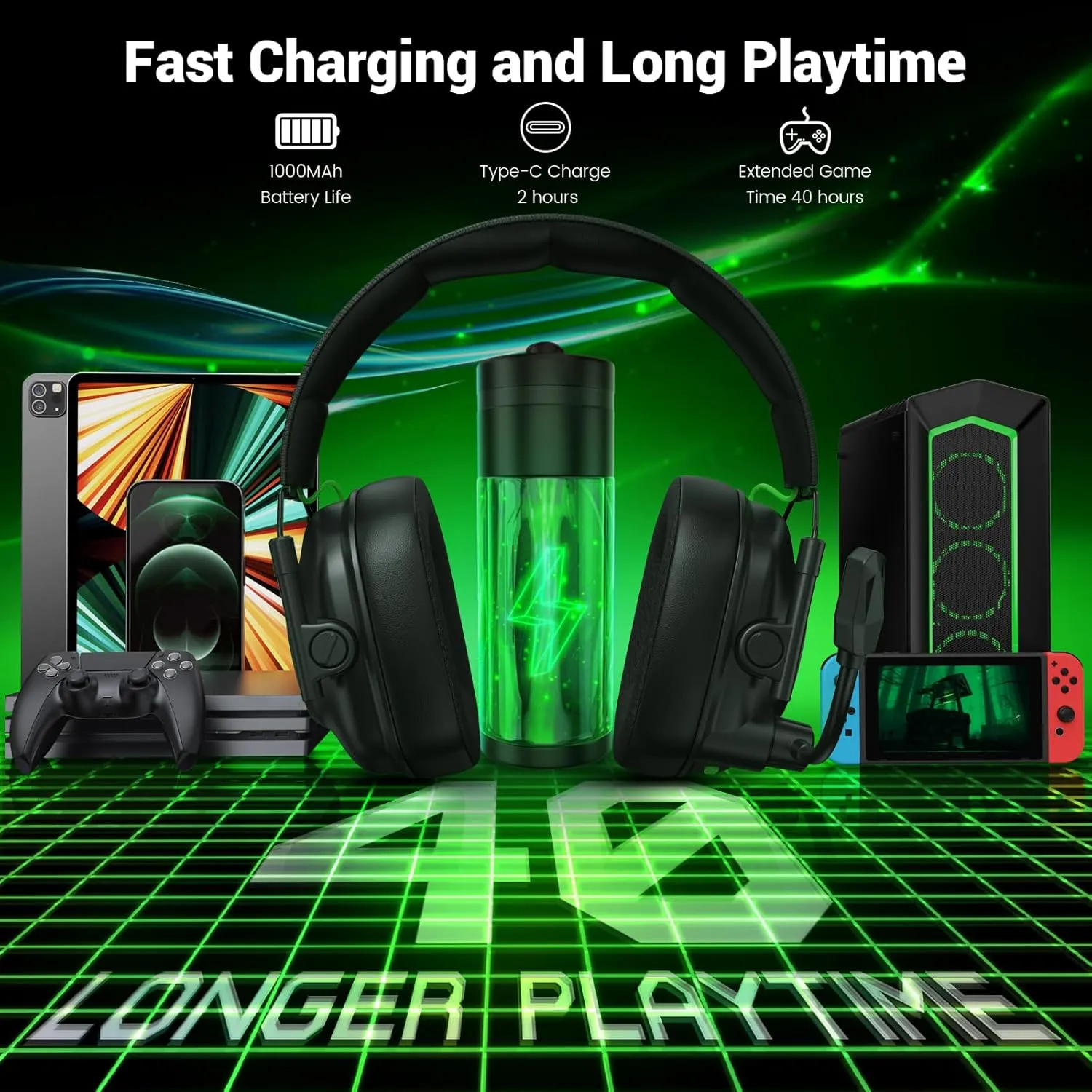 Wireless Gaming Headset with Microphone for PC, PS5, PS4, Switch, Mac, 2.4GHz Wireless & Bluetooth, Cool RGB Lighting, 40Hr Battery, 50mm Drivers Black