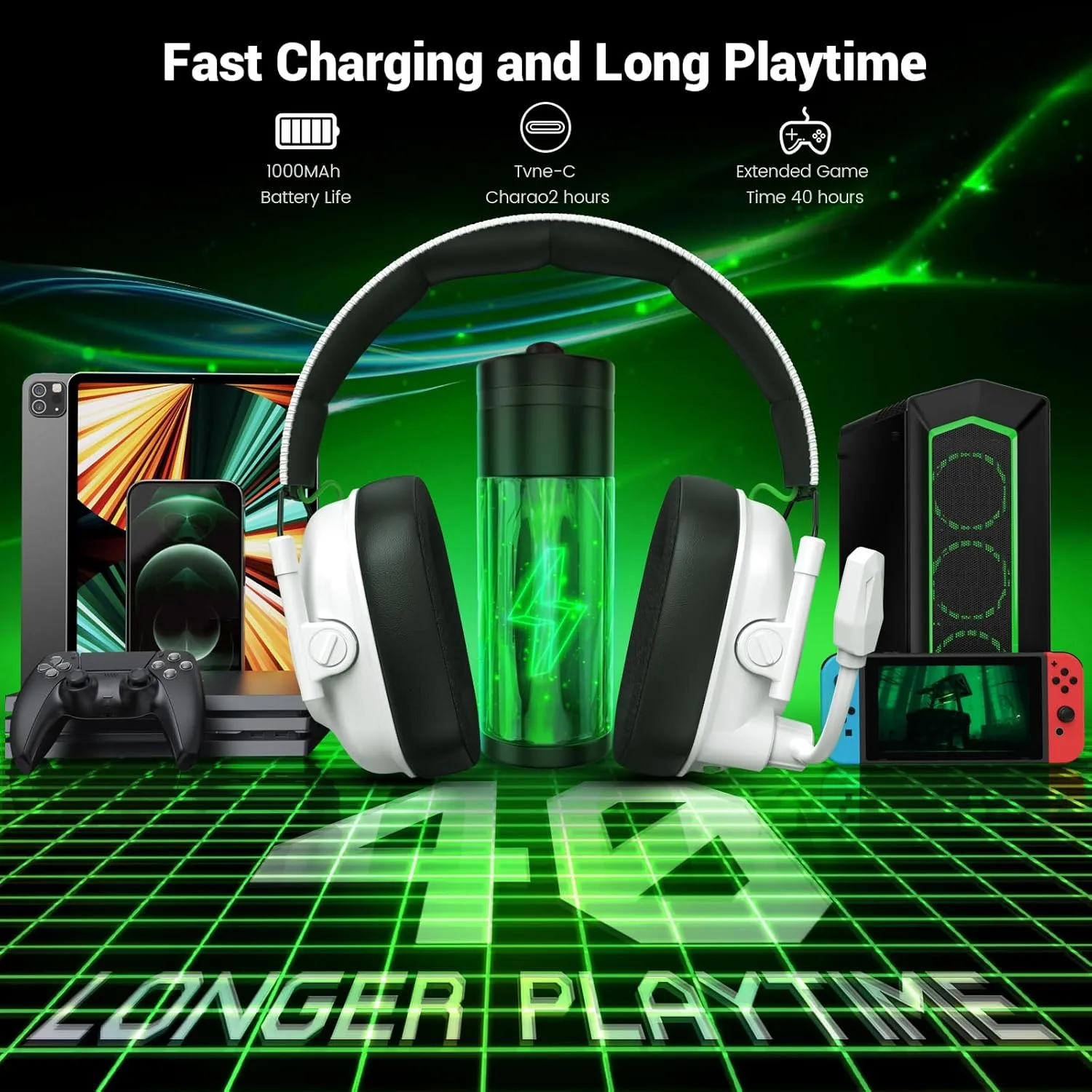 Wireless Gaming Headset with Noise Canceling Microphone for PC, PS5, PS4, Switch, Mac, 2.4 GHz Wireless & Bluetooth 5.4 Gaming Headphones, Cool RGB Lighting, 40Hr Battery, 50mm Drivers-White