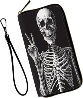 Wristlet Wallet for Women Teen Girls RFID Blocking Credit Card Holder with Removable Wristlet, Leather Phone Wallet Clutch Large Capacity Ladies Travel Purse-Rock Skeleton