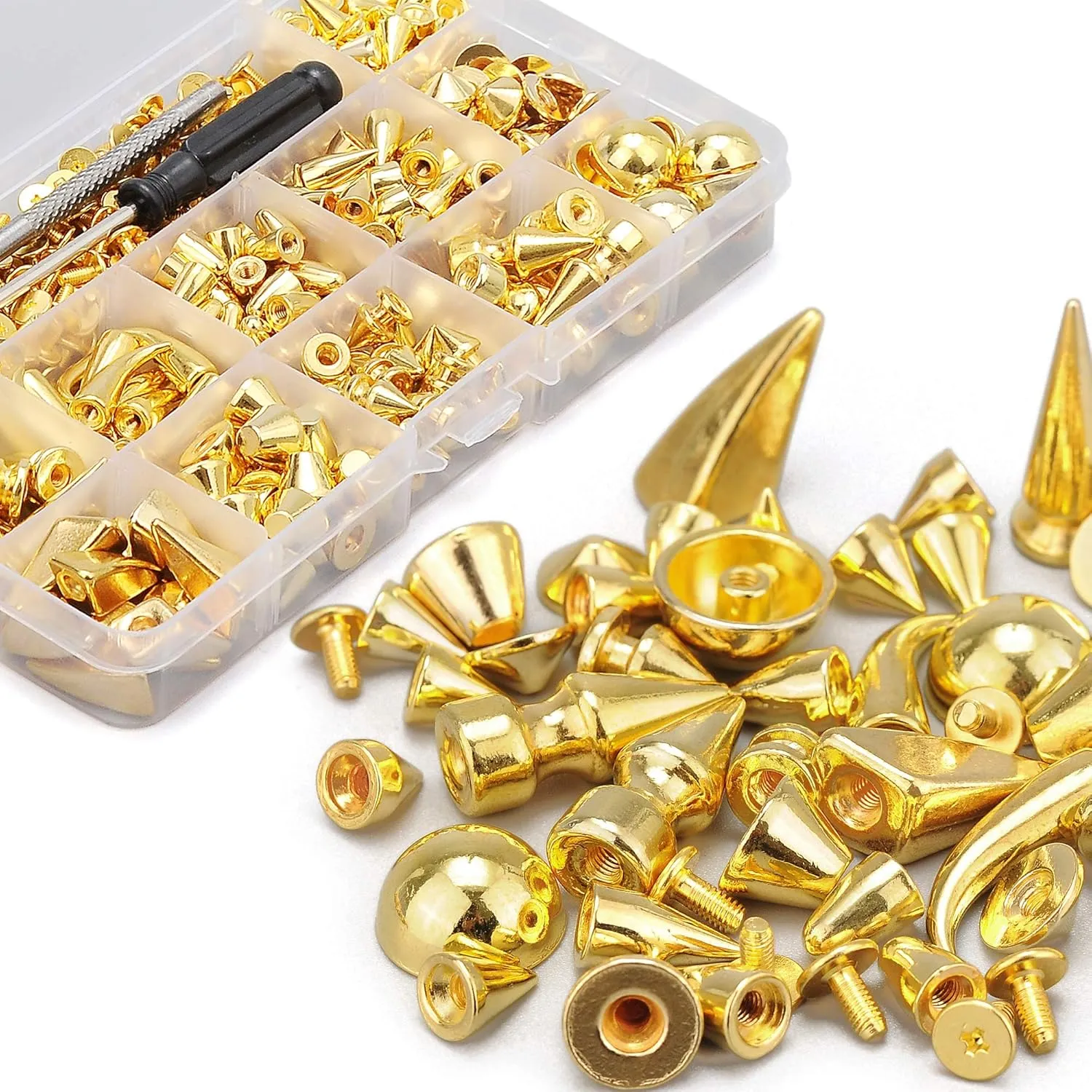 YORANYO 270 Sets Mixed Shape Spikes and Studs Gold Color Screw Back Bullet Cone Studs and Spikes Rivet Kit with Install Tools for Leather Craft Clothing Shoes Belts Bags Dog Collars DIY Rivets