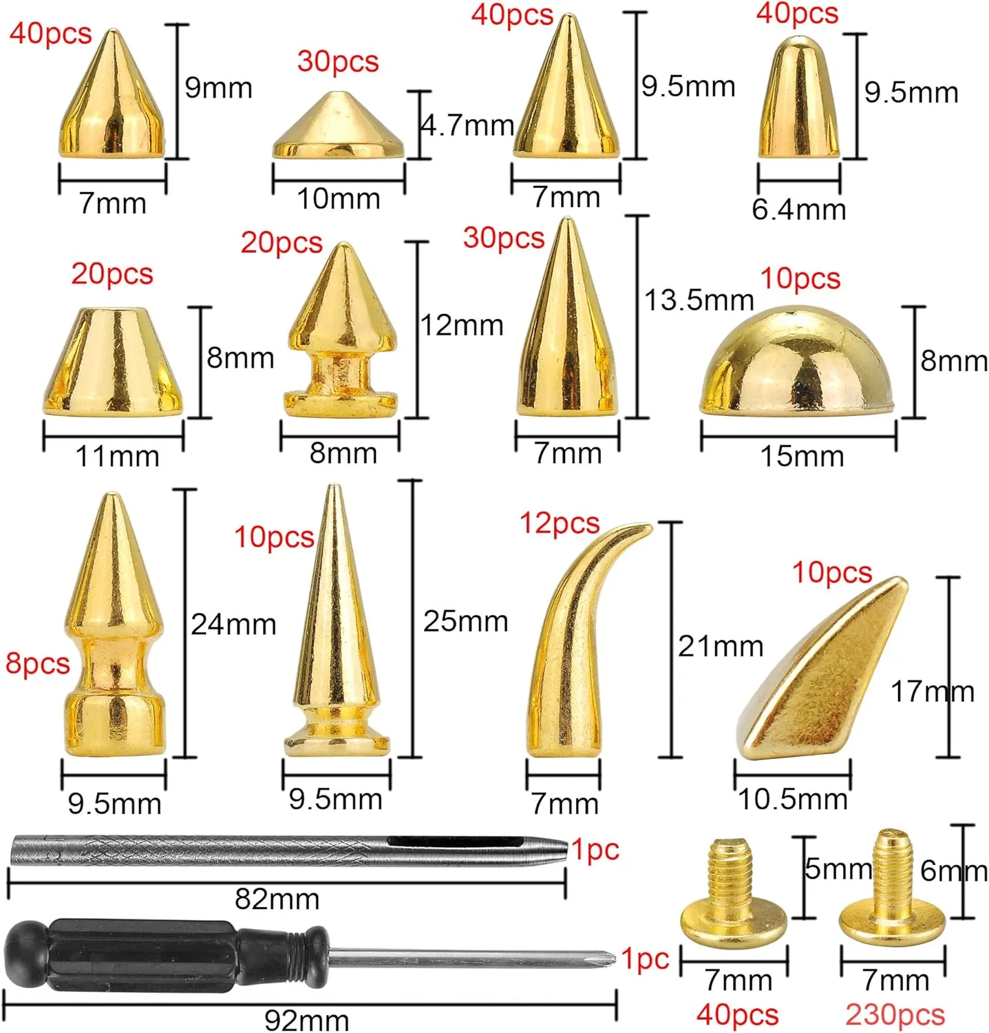 YORANYO 270 Sets Mixed Shape Spikes and Studs Gold Color Screw Back Bullet Cone Studs and Spikes Rivet Kit with Install Tools for Leather Craft Clothing Shoes Belts Bags Dog Collars DIY Rivets